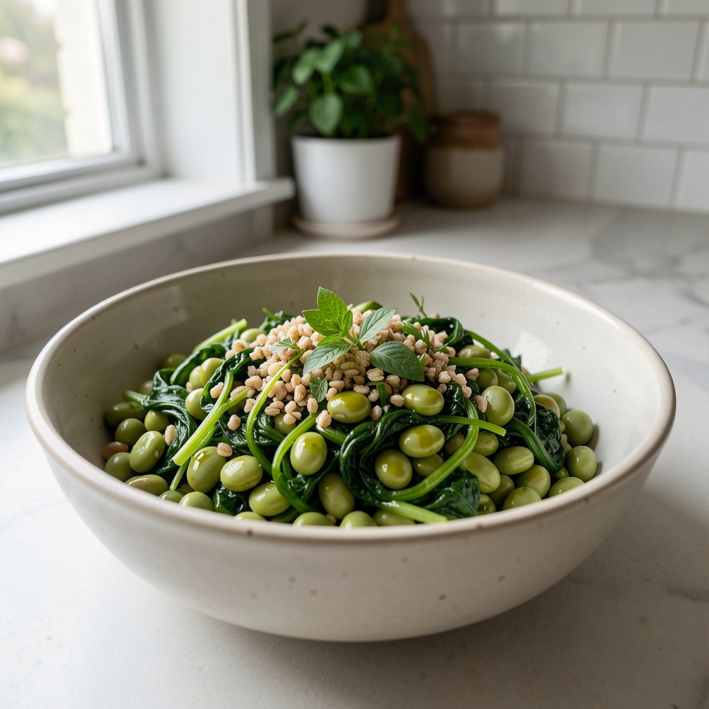 A simple plant-based spring meal in a wide bowl — cooked broad beans, wilted spring greens, whole grain, fresh herbs, and a drizzle of olive oil, daylight from a kitchen window